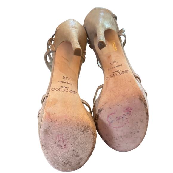 Jimmy Choo Champagne Crystal Metallic Leather Sandal Heels Italy Sz. 38.5 US 8.5 - Picture 6 of 10